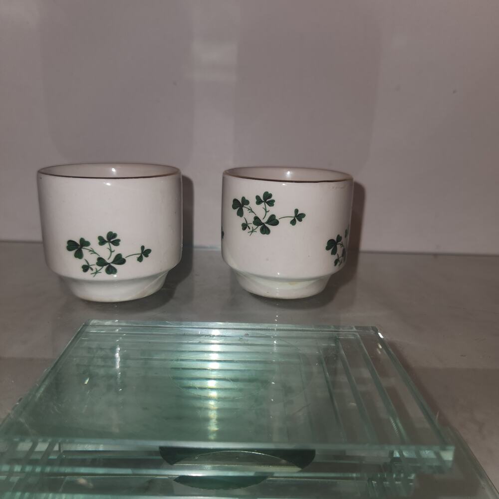 Vintage Carrigaline Pottery Co. Shot Glass, Ireland, Shamrocks 2x2” Set of 2